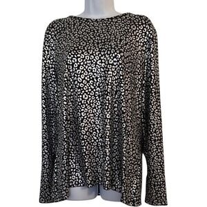 MICHAEL KORS Womens Long Sleeve Leopard Print Metallic Top XXL Black Silver